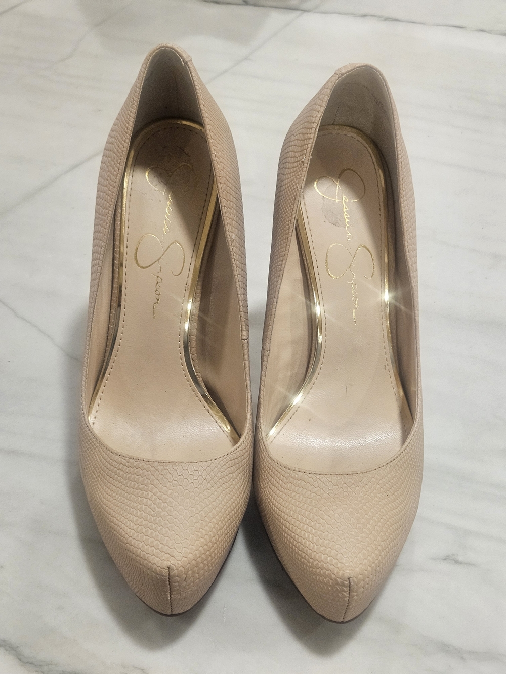 Jessica Simpson "Tobee" platform pumps in a nude/beige snake-embossed Size 8